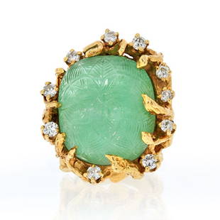 Arthur King 14K Yellow Gold Large Carved Emerald Diamond Ring: Arthur King 14K Yellow Gold Large Carved Emerald Diamond Ring Type: Estate Rings Metal: 14K Yellow Gold Grams: 39.8 Approximate Diamond Weight: 1 Cts Measurements: Overall width: 30mm Condition: Excel