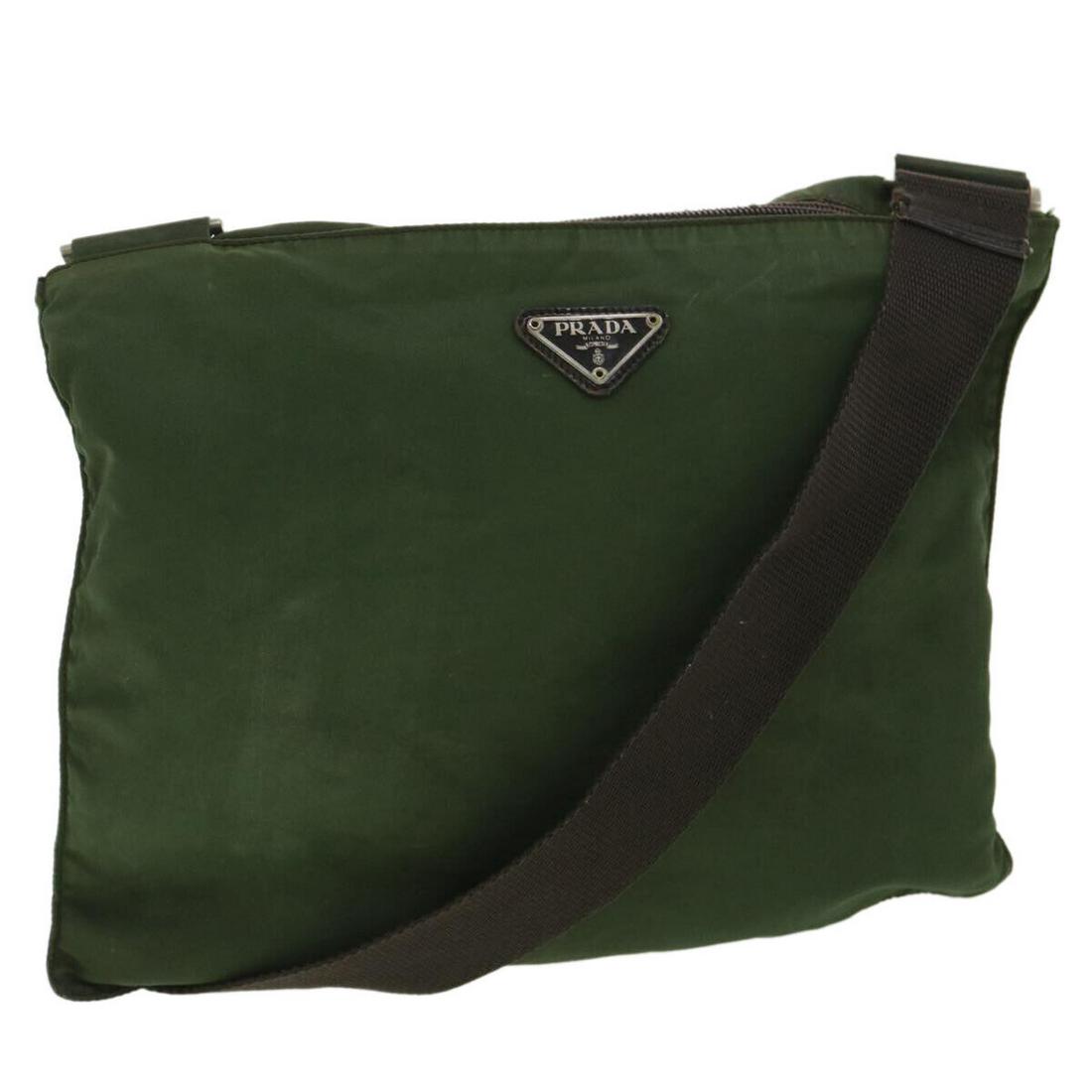 PRADA Shoulder Bag Nylon Green: PRADA Shoulder Bag Nylon Green Style: Shoulder Bag Material: Nylon Exterior Color: Green Bag Height: 9.8inch(Approx) / 25cm(Approx) Bag Length: 12.2inch(Approx) / 31cm(Approx) Country Of Manufacture: 