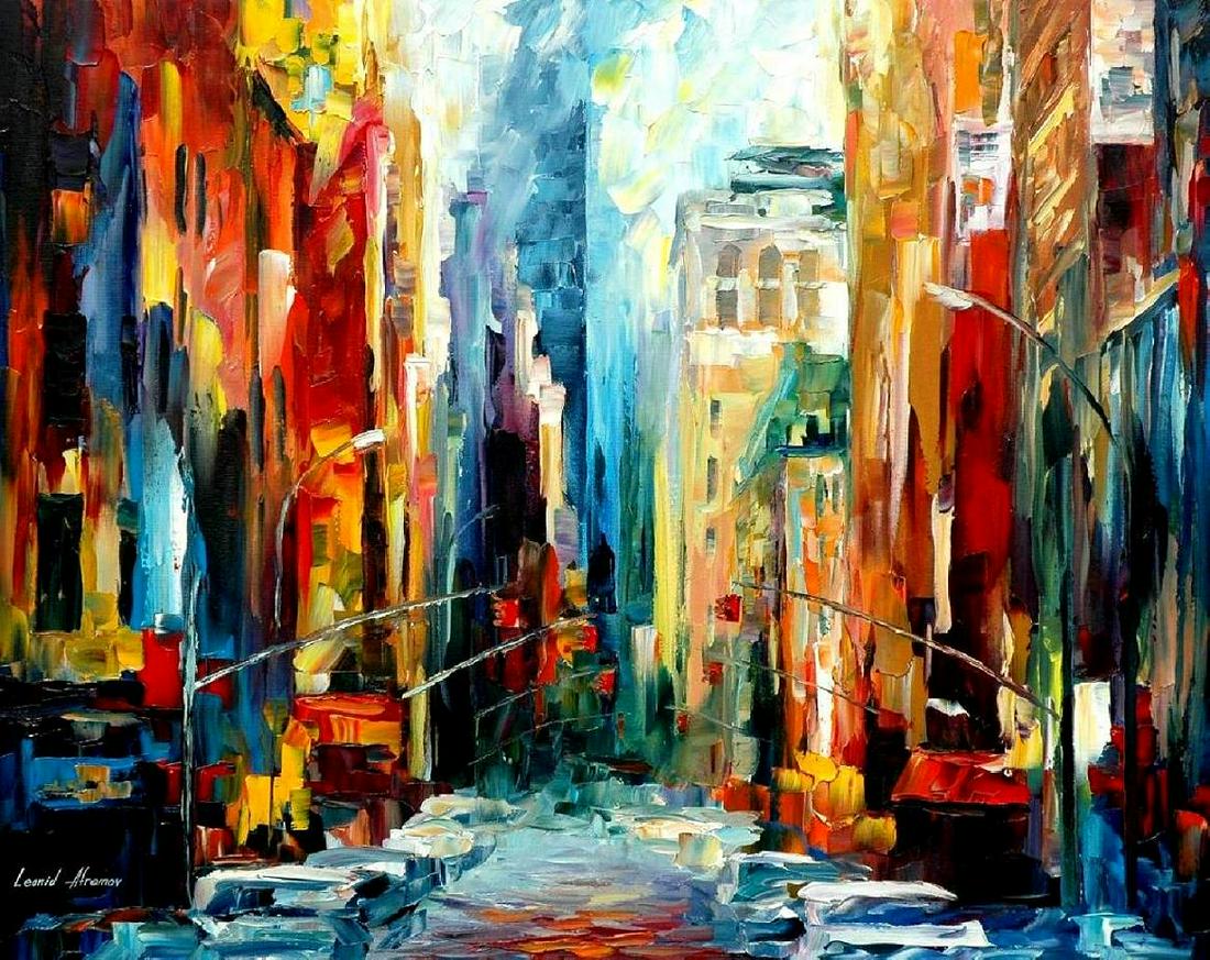 New York Early Morning - Limited Edition 1/25 by Leonid Afremov: New York Early Morning - Limited Edition 1/25 by Leonid AfremovThis is a limited edition giclee hand-painted by Leonid Afremov. This is the first giclee of a small edition of 25 paintings. The rest of