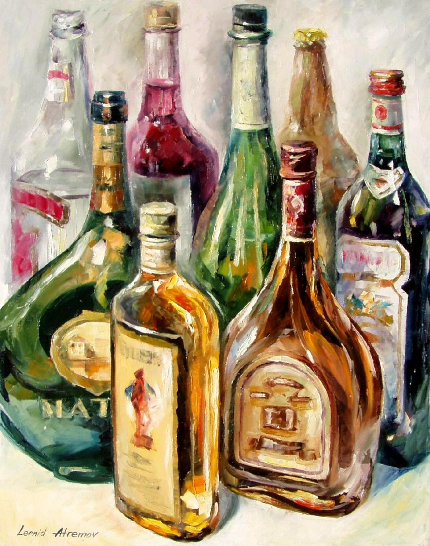 Bottles - Limited Edition 1/25 by Leonid Afremov: Bottles - Limited Edition 1/25 by Leonid AfremovThis is a limited edition giclee hand-painted by Leonid Afremov. This is the first giclee of a small edition of 25 paintings. The rest of the edition is