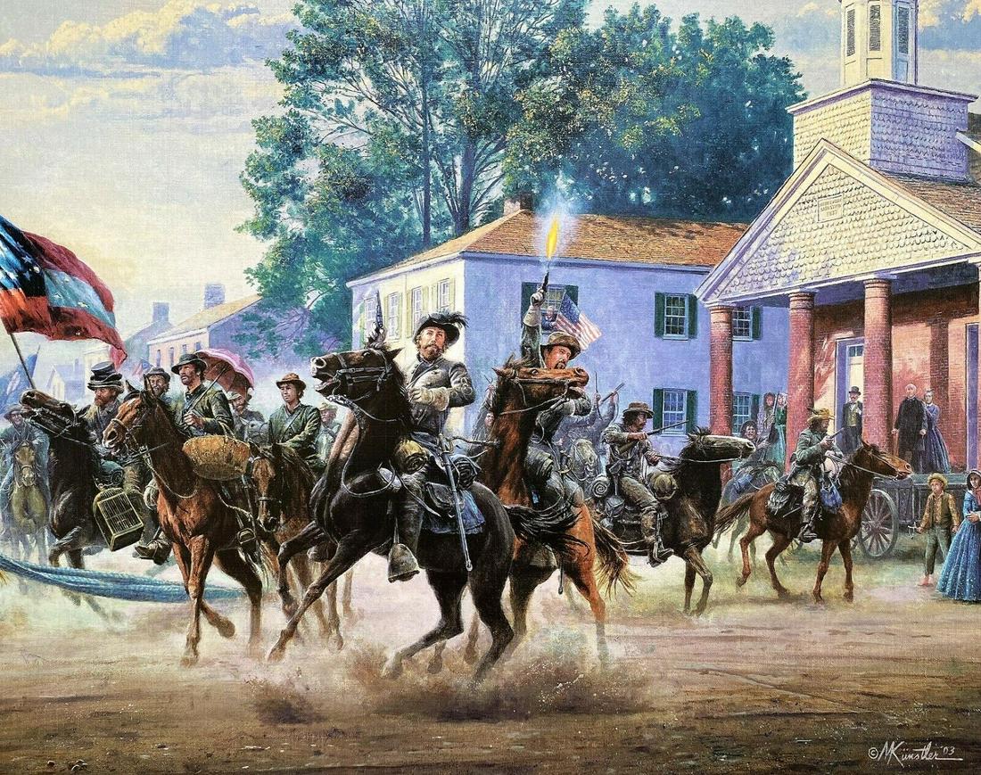 Mort Kunstler Civil War Print Morgans Ohio Raid Custom Gallery Framed: Mort Kunstler Civil War Print Morgans Ohio Raid Custom Gallery Framed Features: Framed Matted Region Of Origin: New York USA Item Width: 18 in Production Technique: Off Set Lithograph Item Length: 12