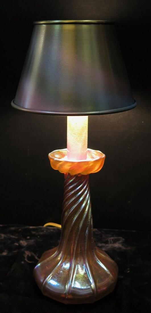Vintage Tiffany Studios Candle Lamp w/ Contemporary Shade: Vintage Tiffany Studios Candle Lamp w/ Contemporary Shade Type: candle lamp This original early 20th century favrile glass lamp base was designed by the Tiffany Studios New York & is signed L.C.T. Fav