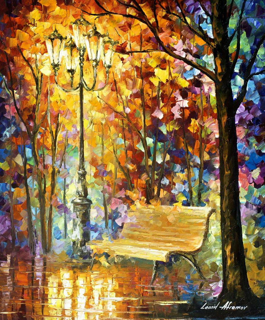 Lost Bench - Limited Edition 1/25 by Leonid Afremov: Lost Bench - Limited Edition 1/25 by Leonid AfremovThis is a limited edition giclee hand-painted by Leonid Afremov. This is the first giclee of a small edition of 25 paintings. The rest of the edition