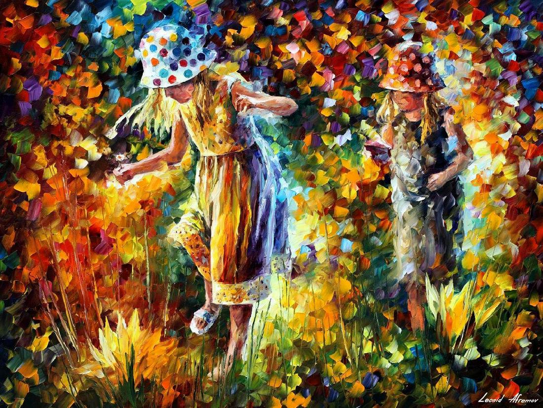 Two Little Sisters - Limited Edition 1/25 by Leonid Afremov: Two Little Sisters - Limited Edition 1/25 by Leonid AfremovThis is a limited edition giclee hand-painted by Leonid Afremov. This is the first giclee of a small edition of 25 paintings. The rest of the