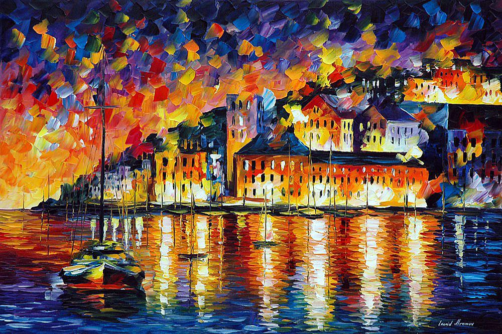 Night Harbor - Limited Edition 1/25 by Leonid Afremov: Night Harbor - Limited Edition 1/25 by Leonid AfremovThis is a limited edition giclee hand-painted by Leonid Afremov. This is the first giclee of a small edition of 25 paintings. The rest of the editi
