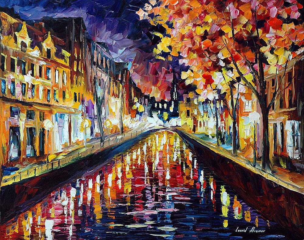 Amsterdam Night - Limited Edition 1/25 by Leonid Afremov: Amsterdam Night - Limited Edition 1/25 by Leonid AfremovThis is a limited edition giclee hand-painted by Leonid Afremov. This is the first giclee of a small edition of 25 paintings. The rest of the ed