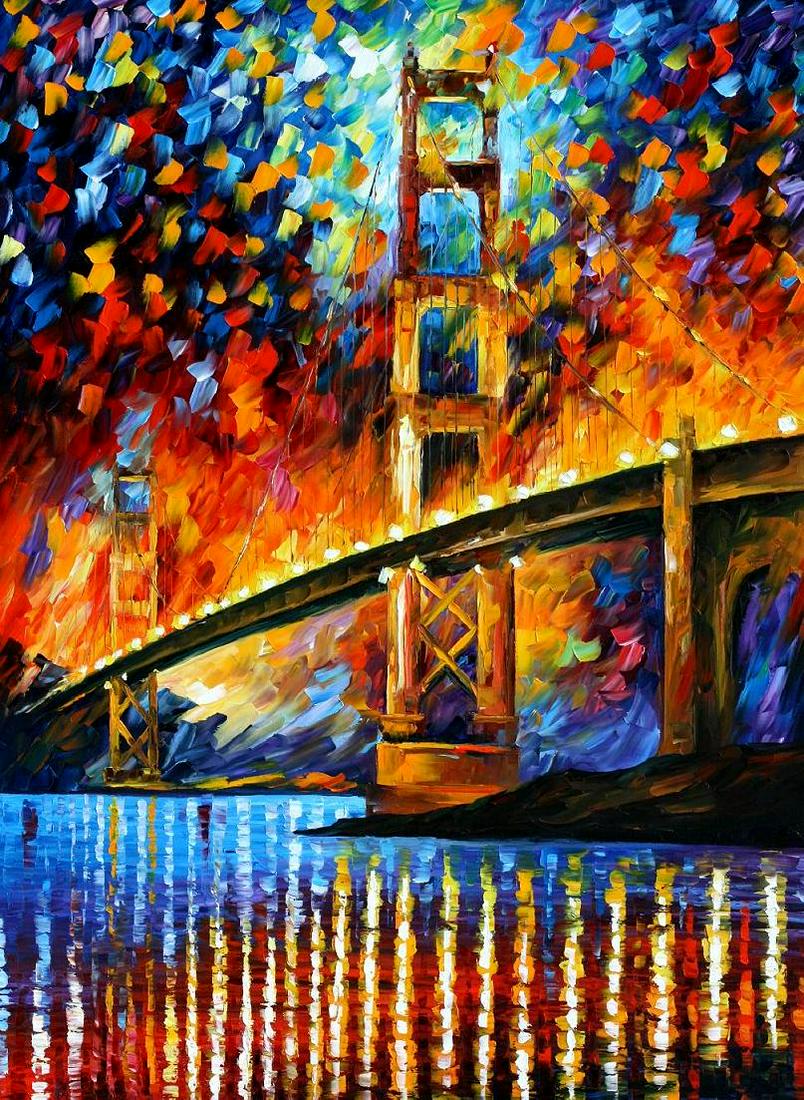 San Francisco - Golden Gate Bridge - Limited Edition 1/25 by Leonid Afremov: San Francisco - Golden Gate Bridge - Limited Edition 1/25 by Leonid AfremovThis is a limited edition giclee hand-painted by Leonid Afremov. This is the first giclee of a small edition of 25 paintings.