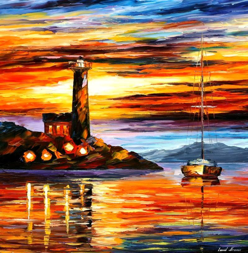 Boat By The Lighthouse - Limited Edition 1/25 by Leonid Afremov: Boat By The Lighthouse - Limited Edition 1/25 by Leonid AfremovThis is a limited edition giclee hand-painted by Leonid Afremov. This is the first giclee of a small edition of 25 paintings. The rest of