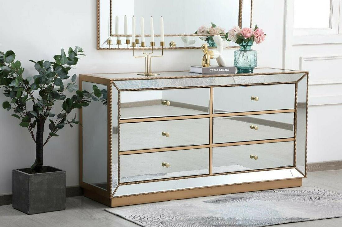 Mirrored Antique Gold Dresser Living Room Bedroom Chest 6 Drawer 60" Auction