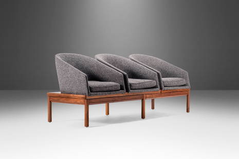 Three (3) Seat Modular Bench in Walnut & New Charcoal Tweed Upholstery Attributed to Arthur Umanoff: Three (3) Seat Modular Bench in Walnut & New Charcoal Tweed Upholstery Attributed to Arthur Umanoff USA c. 1960s Three (3) Seat Modular Bench in Walnut & New Charcoal Tweed Upholstery Attributed to Ar