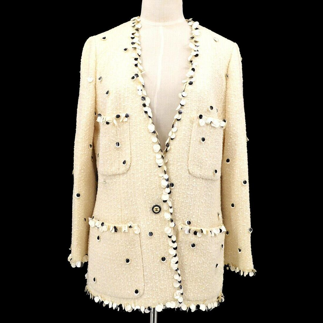 Chanel 95p 46 Cc Button Collarless Long Sleeve Jacket Tweed Ivory