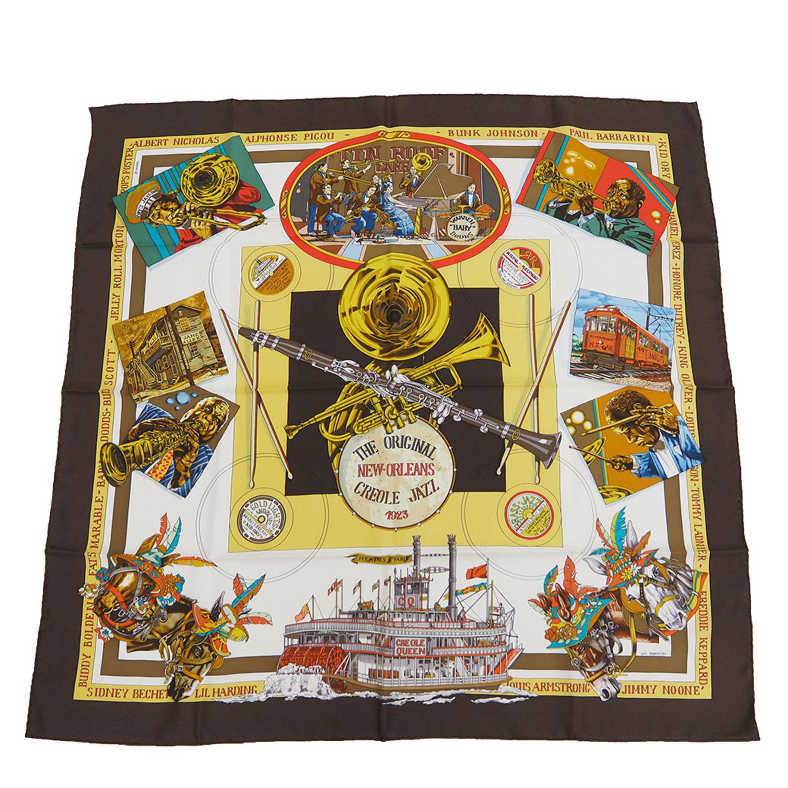 Hermes Silk Scarf Dark Brown White: Hermes Silk Scarf Dark Brown White Brand: Hermes Country of Origin: France Type: Scarf Color: Dark brown White Material: Silk100% Silk: 100% Size (LxW): 89cm x 87cm / 35.03 x 34.25 Condition: Used (li