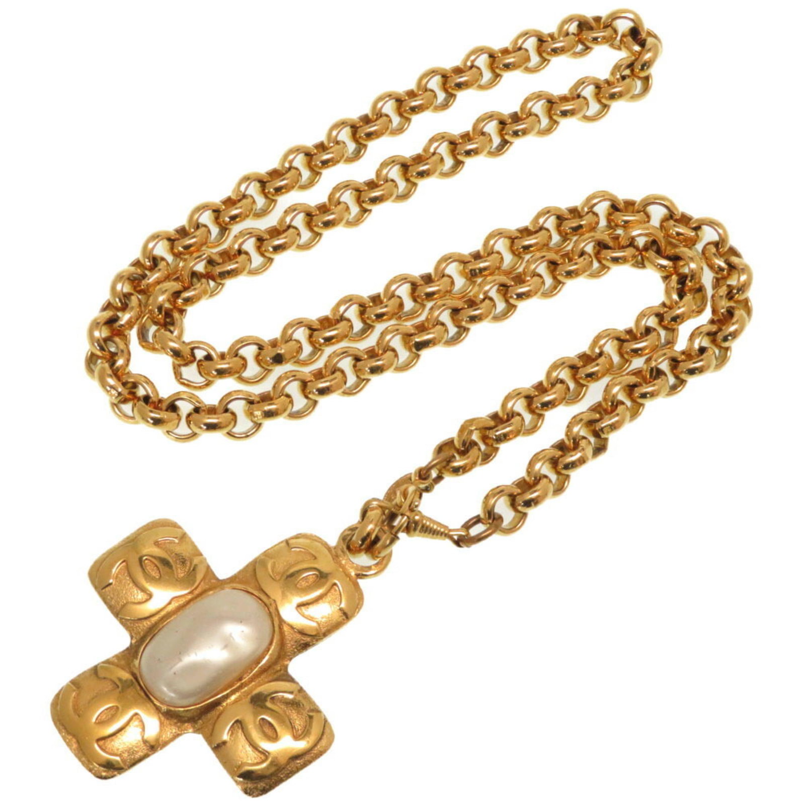 Chanel Fake Pearl Gold Cross Coco Mark Necklace 0766CHANEL: Chanel Fake Pearl Gold Cross Coco Mark Necklace 0766CHANEL Brand: Chanel Country of Origin: France Necklace Type: Necklace Gender: Women Material: Metal Color: Gold Season: Vintage Neck Circumference: