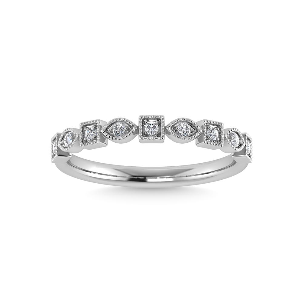 10K White Gold Diamond 1/10 Ct.Tw. Stackable Band: 10K White Gold Diamond 1/10 Ct.Tw. Stackable Band Metal: 10k White Gold Sizes Avilable: 4,5,6,7,8,9 Stone Count: 9.0 Stone Shape: Round Stone Type: Diamond Stone Color: G-h Stone Clarity: I1 Stone Wei
