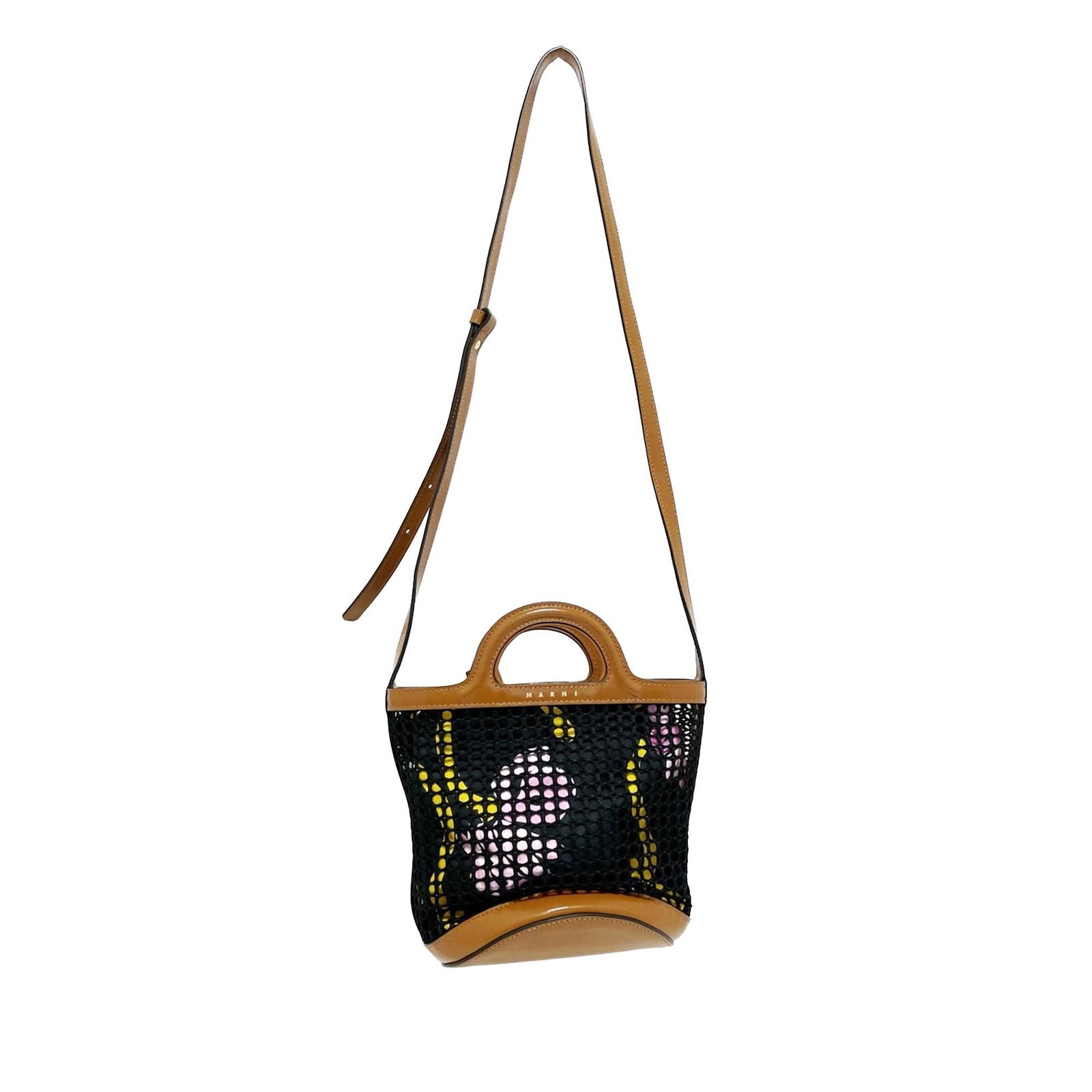 Marni Tropicalia Polyester Satchel: Marni Tropicalia Polyester Satchel This satchel features a polyester body with leather trim a top handle a flat leather strap an open top and an interior detachable pouch with a drawstring closure. Br