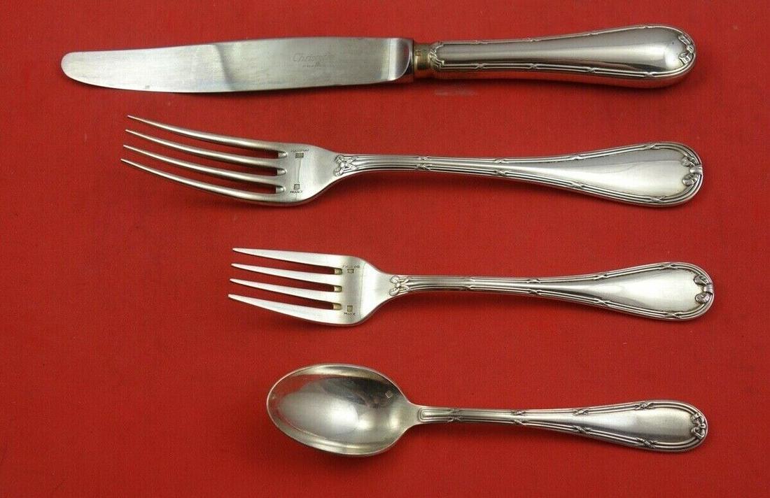 Rubans by Christofle Silverplate Dinner 4-pc Setting(s) Unused: Rubans by Christofle Silverplate Dinner 4-pc Setting(s) Unused Rubans by christoflesilverplate dinner 4-piece setting (appears unused) in the pattern rubans by christofle. It is not monogrammed and is