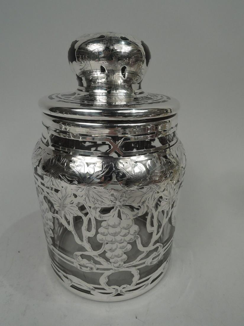 Antique Jar Art Nouveau Tobacco Candy American Clear Glass Silver Overlay: Antique Jar Art Nouveau Tobacco Candy American Clear Glass Silver Overlay Composition: Sterling Silver (.925) Type: Jar Style: Art Nouveau Age: 1850-1899 American Art Nouveau glass tobacco jar with en
