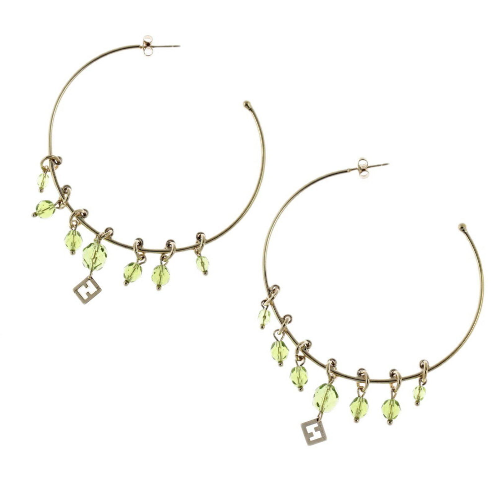 FENDI Hoop Loop FF Logo Earrings: FENDI Hoop Loop FF Logo Earrings Brand: Fendi Type: Hoop earrings Gender: Women Finish: Gold plated Color: Gold Green Size (HxWxD): 65.00mm x 1.00mm / 2.56 x 0.04 Condition: Used (very good) Overall S