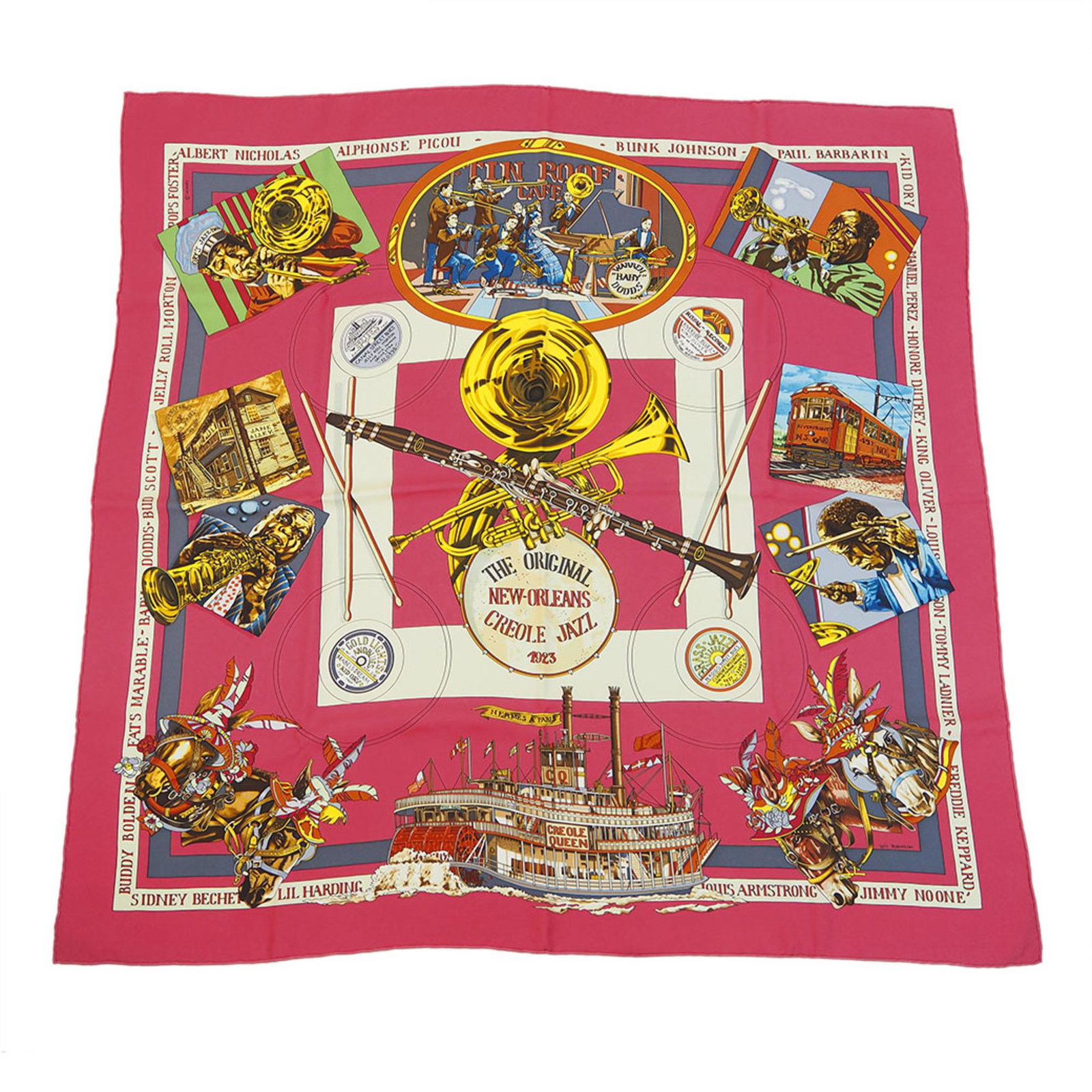 Hermes HERMES Carre 90 THE ORIGINAL NEW ORLEANS CREOLE JAZZ 1923 Jazz Pink Scarf Muffler Women's: Hermes HERMES Carre 90 THE ORIGINAL NEW ORLEANS CREOLE JAZZ 1923 Jazz Pink Scarf Muffler Women's Brand: Hermes Country of Origin: France Type: Scarf Color: Pink Material: Silk100% Silk: 100% Size (LxW