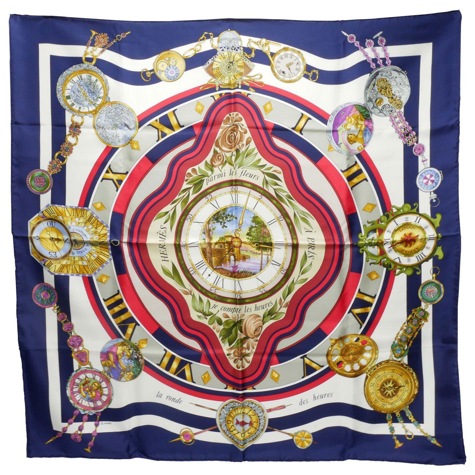 HERMES Hermes parmi les fleurs je compte heures Time spent in flowers Rondo Carre 90 Large scarf: HERMES Hermes parmi les fleurs je compte heures Time spent in flowers Rondo Carre 90 Large scarf shawl stole Ladies 100% silk Navy/white/multicolor 88 x cm Brand: Hermes Country of Origin: France Type