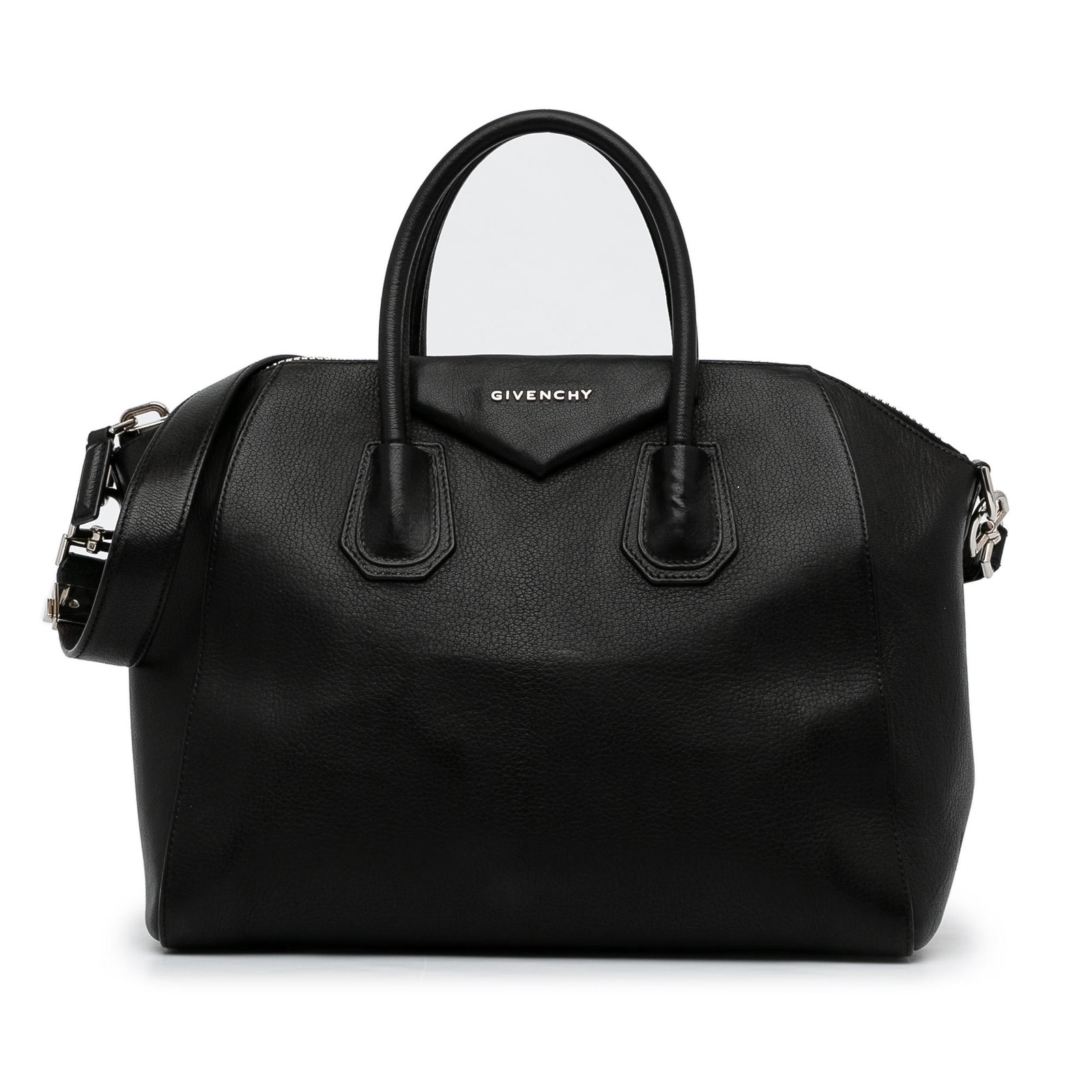 Givenchy Medium Antigona Satchel: Givenchy Medium Antigona Satchel The Antigona features a leather body rolled leather handles a detachable flat leather strap a top zip closure and interior zip and slip pockets. Brand: Givenchy Model: