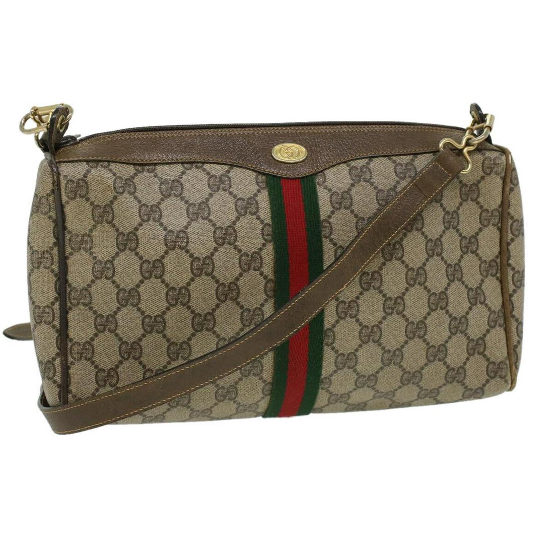 GUCCI Web Sherry Line GG Canvas Shoulder Bag PVC Leather Beige Red: GUCCI Web Sherry Line GG Canvas Shoulder Bag PVC Leather Beige Red Style: Shoulder Bag Material: PVC Leather Exterior Color: Beige / Green / Red Bag Height: 6.3inch(Approx) / 16cm(Approx) Bag Depth: 3
