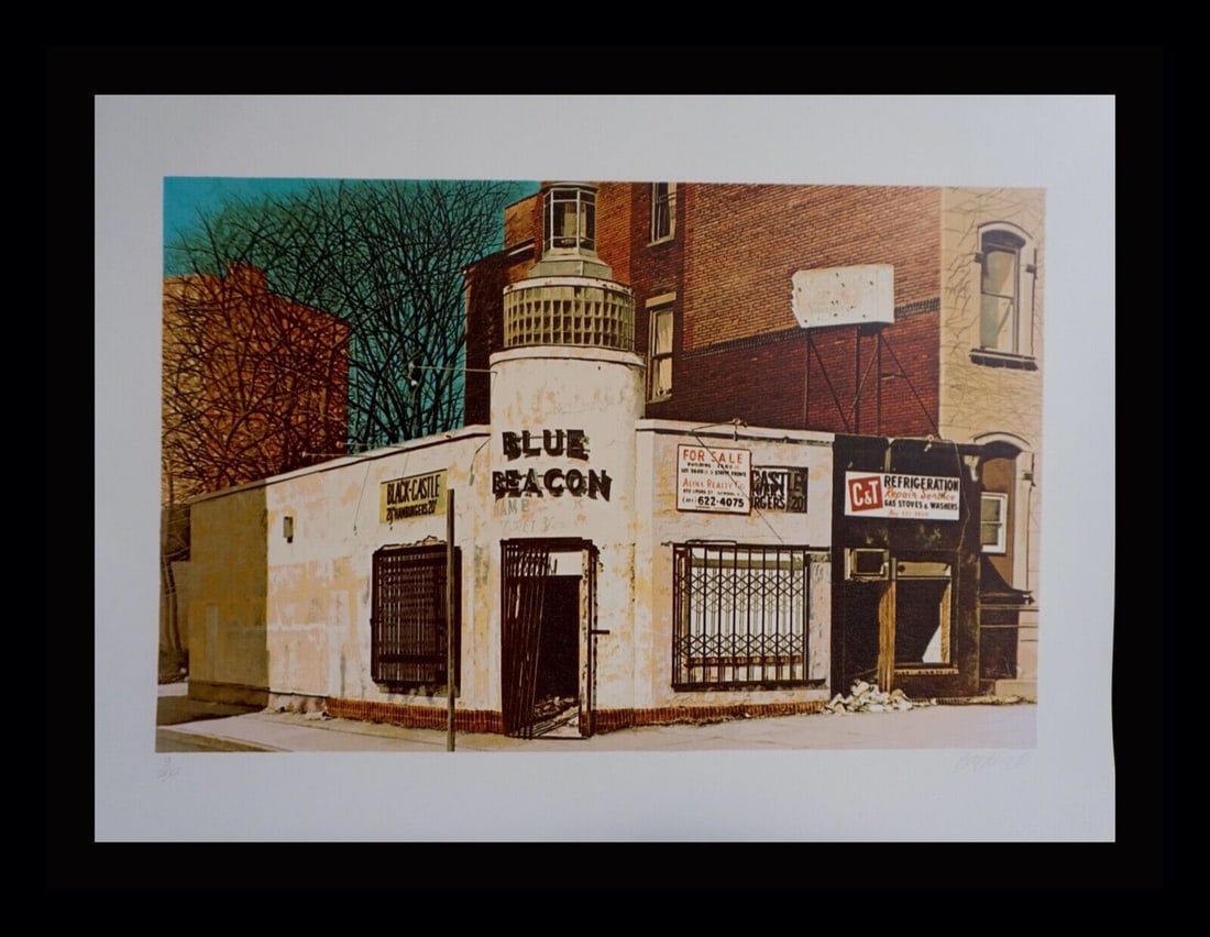 John Baeder Blue Beacon H/Sign Numbered Photo Realist ART: John Baeder Blue Beacon H/Sign Numbered Photo Realist ART Artist: John Baeder Style: Realism Material: Serigraph & Silkscreen Theme: Art Type: Print Features: Signed Numbered Subject: Cityscapes Signe