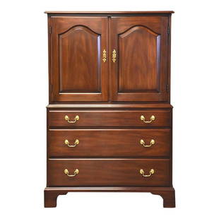 Henkel Harris Mahogany Armoire Dresser: Henkel Harris Mahogany Armoire Dresser A solid mahogany armoire dresser made by Henkel Harris finish number 29 with brass bail pulls. 37.25" wide. 21" deep. 55.25" tall. Dimensions: 37.25"W x 21"D x 5