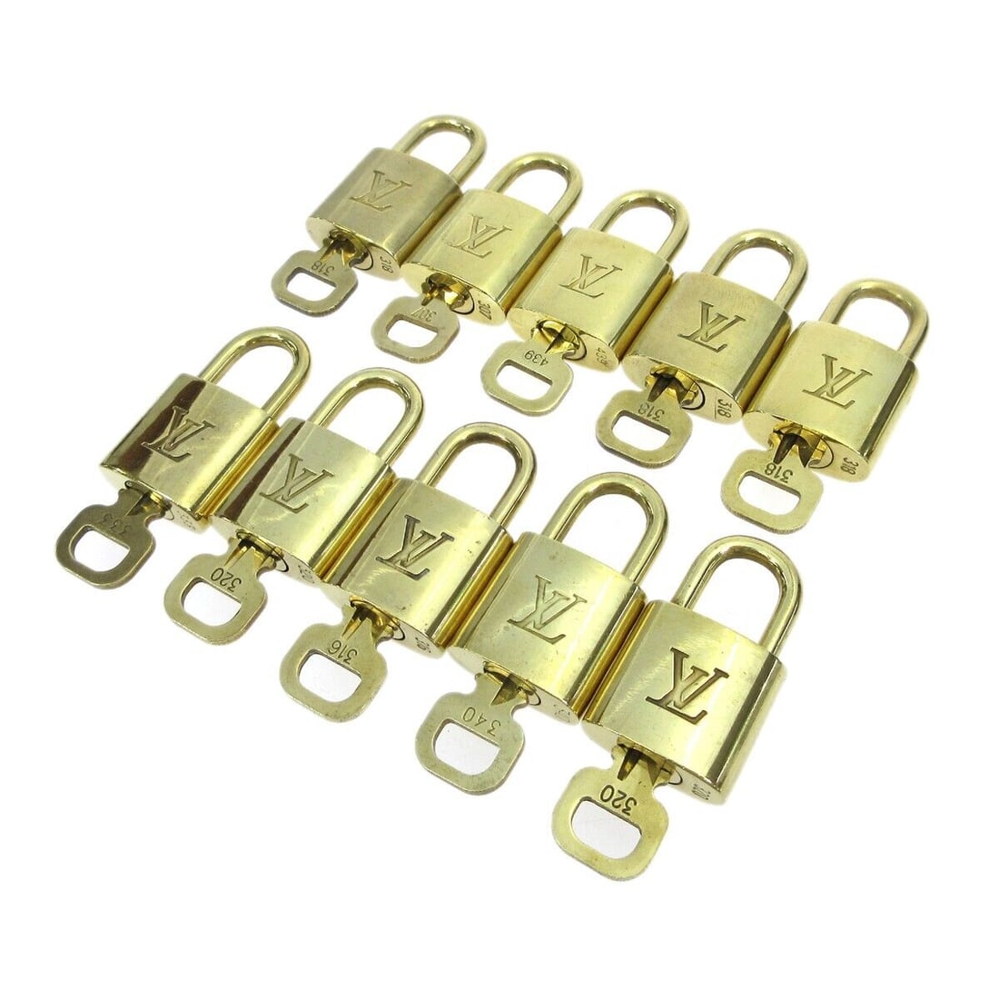 LOUIS VUITTON Padlock & Key Bag Accessories Charm 10 Piece Set Gold: LOUIS VUITTON Padlock & Key Bag Accessories Charm 10 Piece Set Gold Type: Padlock Color: Gold Theme: Metal Material: Gold-tone Character Family: Charmed Outside Condition: B: Reasonable Wear and Tear/