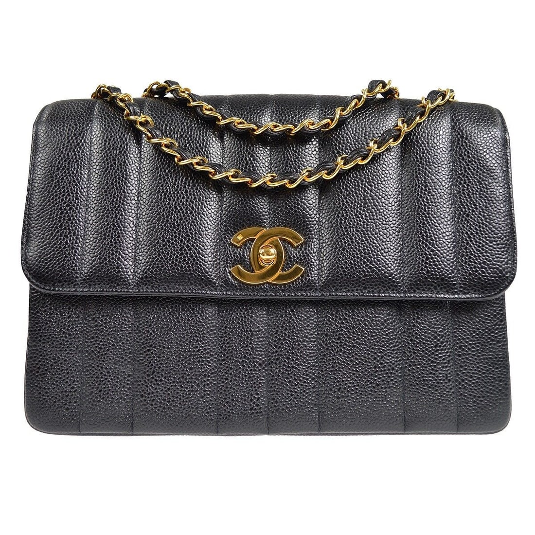CHANEL Straight Flap Mademoiselle Double Chain Shoulder Bag Caviar 3580240: CHANEL Straight Flap Mademoiselle Double Chain Shoulder Bag Caviar 3580240 Bag Width: 9 in Closure: Turn Lock Bag Height: 7 in Handle/Strap Color: Black Size: Medium Handle Style: Shoulder Strap Hardw