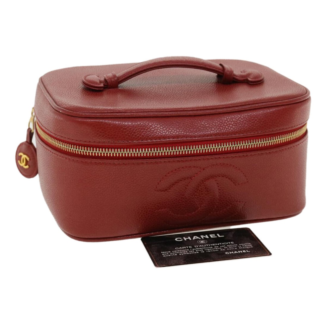 CHANEL Vanity Cosmetic Pouch Caviar Skin Red CC: CHANEL Vanity Cosmetic Pouch Caviar Skin Red CC Style: Cosmetic Pouch Material: Caviar Skin Exterior Color: Red Bag Height: 5.5inch(Approx) / 14cm(Approx) Bag Depth: 3.9inch(Approx) / 10cm(Approx) Bag