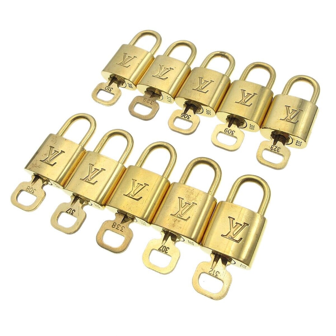 LOUIS VUITTON Padlock & Key Bag Accessories Charm 10 Piece Set Gold: LOUIS VUITTON Padlock & Key Bag Accessories Charm 10 Piece Set Gold Type: Padlock Color: Gold Outside Condition: C: Heavily Used/Inside Condition: C: Heavily Used The BIDHAUS Guarantee: All items in t