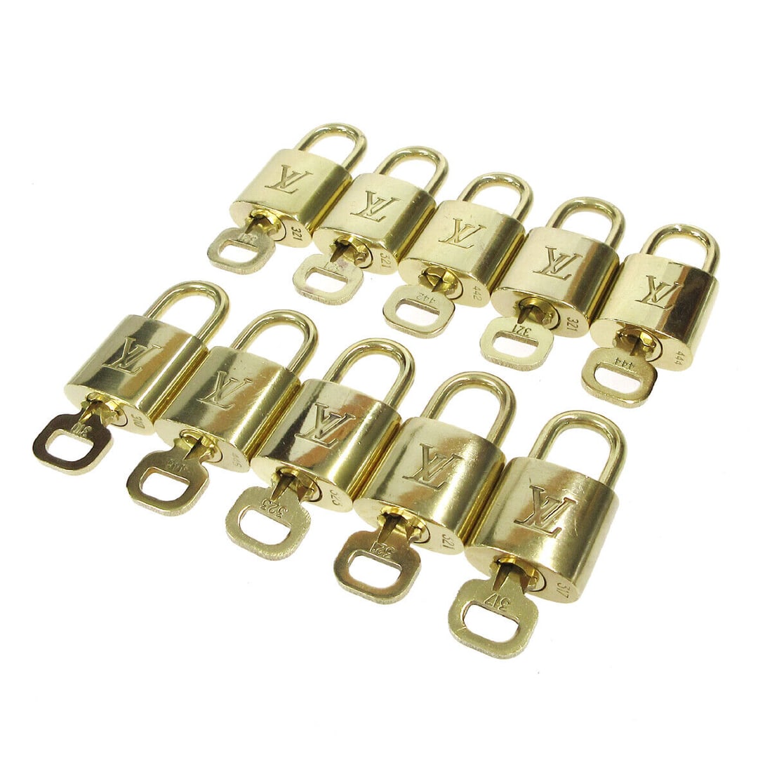 LOUIS VUITTON Padlock & Key Bag Accessories Charm 10 Piece Set Gold: LOUIS VUITTON Padlock & Key Bag Accessories Charm 10 Piece Set Gold Type: Padlock Color: Gold Outside Condition: AB: Very Good/Inside Condition: C: Heavily Used The BIDHAUS Guarantee: All items in thi
