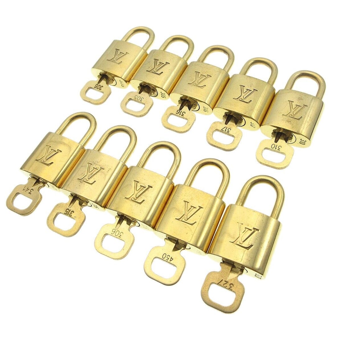 LOUIS VUITTON Padlock & Key Bag Accessories Charm 10 Piece Set Gold: LOUIS VUITTON Padlock & Key Bag Accessories Charm 10 Piece Set Gold Type: Padlock Color: Gold Outside Condition: C: Heavily Used/Inside Condition: C: Heavily Used The BIDHAUS Guarantee: All items in t