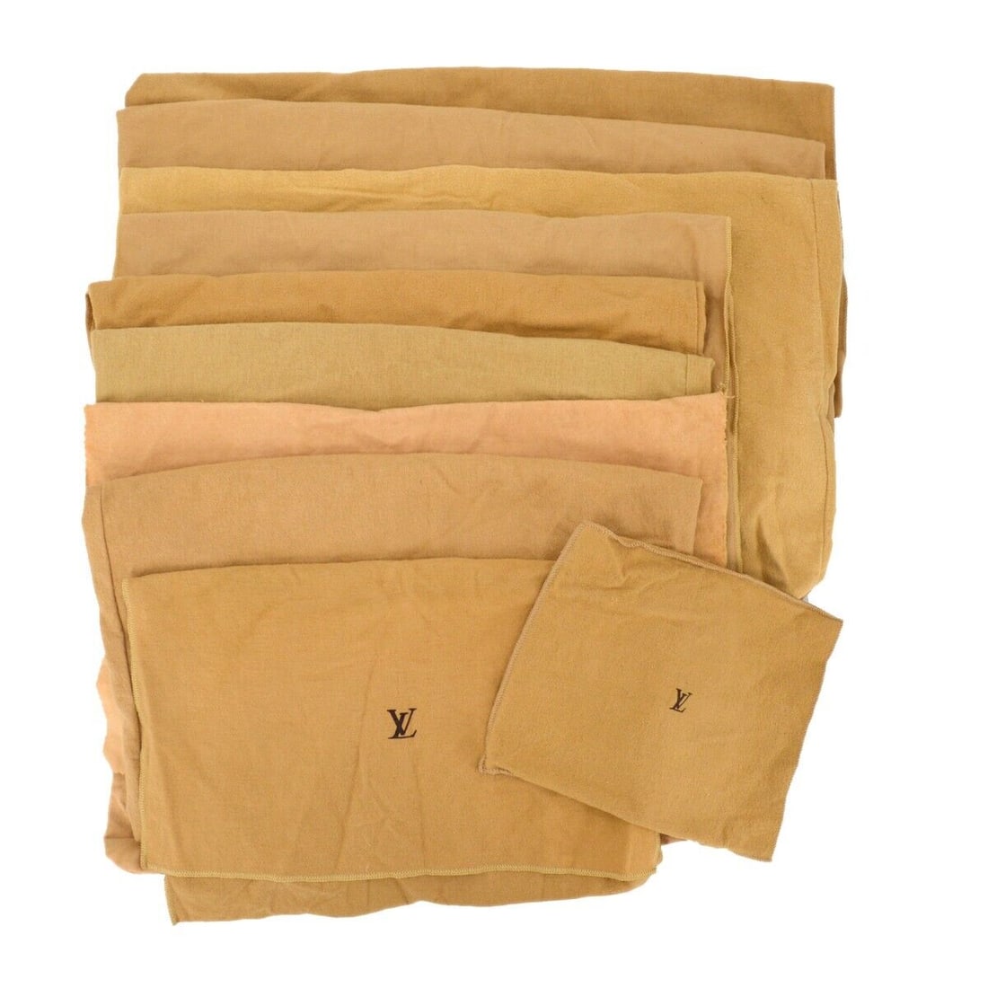 LOUIS VUITTON Dust Bag 10 Set Brown Beige 100% Cotton: LOUIS VUITTON Dust Bag 10 Set Brown Beige 100% Cotton Type: Dustbag Color: Brown Material: Cotton Outside Condition: B: Reasonable Wear and Tear/Inside Condition: C: Heavily Used The BIDHAUS Guarantee