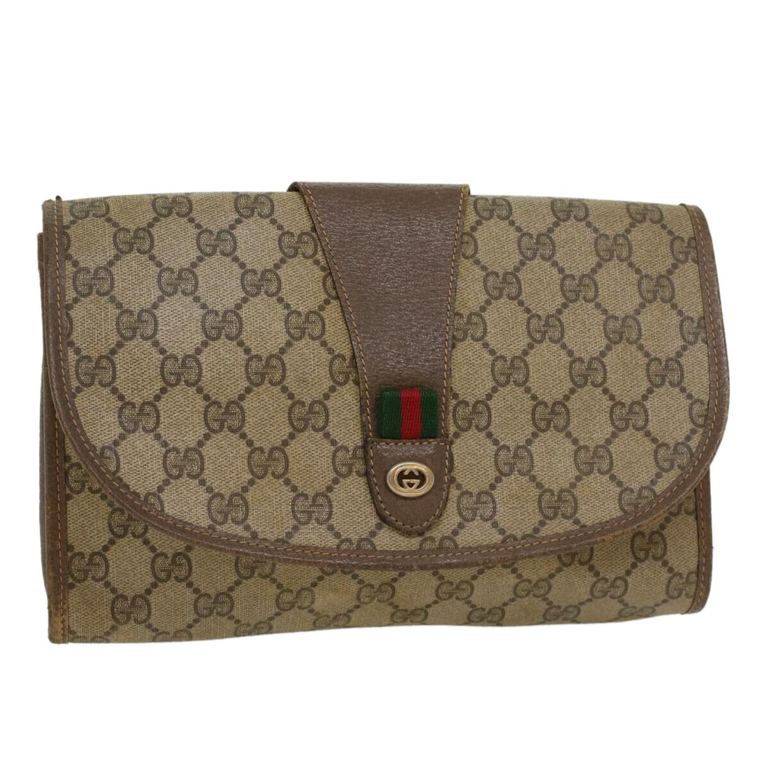 GUCCI GG Canvas Web Sherry Line Clutch Bag PVC Leather Beige Green: GUCCI GG Canvas Web Sherry Line Clutch Bag PVC Leather Beige Green Style: Clutch Bag Material: PVC Leather Exterior Color: Beige / Green Bag Height: 6.3inch(Approx) / 16cm(Approx) Bag Depth: 2.4inch(A