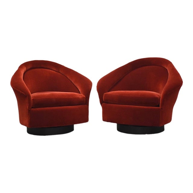Adrian Pearsall Red Mohair Swivel Lounge Chairs - a Pair: Adrian Pearsall Red Mohair Swivel Lounge Chairs - a Pair A beautiful pair of mid century modern swivel lounge chairs designed by Adrian Pearsall for Craft Associates in red mohair with black barrel pl
