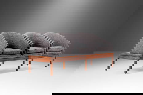 Three (3) Seat Modular Bench in Walnut & New Charcoal Tweed Upholstery Attributed to Arthur Umanoff: Three (3) Seat Modular Bench in Walnut & New Charcoal Tweed Upholstery Attributed to Arthur Umanoff USA c. 1960s Three (3) Seat Modular Bench in Walnut & New Charcoal Tweed Upholstery Attributed to Ar