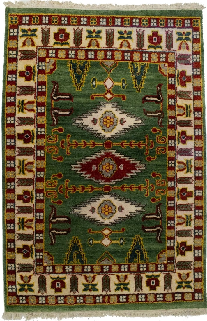 Handmade Green Geometric 35X5 Kazak Oriental Rug Farmhouse Wool Decor Carpet: Handmade Green Geometric 35X5 Kazak Oriental Rug Farmhouse Wool Decor Carpet Free continental US Shipping Type: Area rug Size: 3"5 X 5"0 Ft Color: Green Production Technique: Knotted Material: Wool Ti