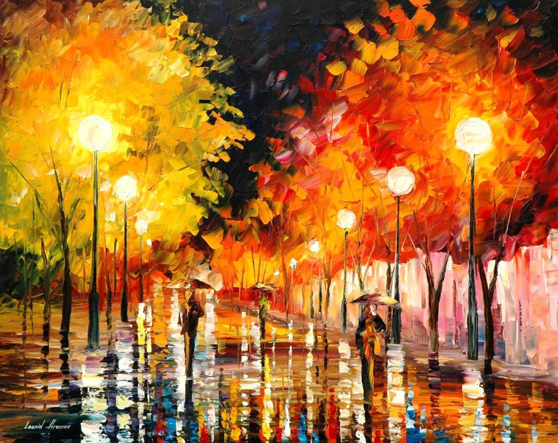 Rainy Night - Limited Edition 1/25 by Leonid Afremov: Rainy Night - Limited Edition 1/25 by Leonid AfremovThis is a limited edition giclee hand-painted by Leonid Afremov. This is the first giclee of a small edition of 25 paintings. The rest of the editio