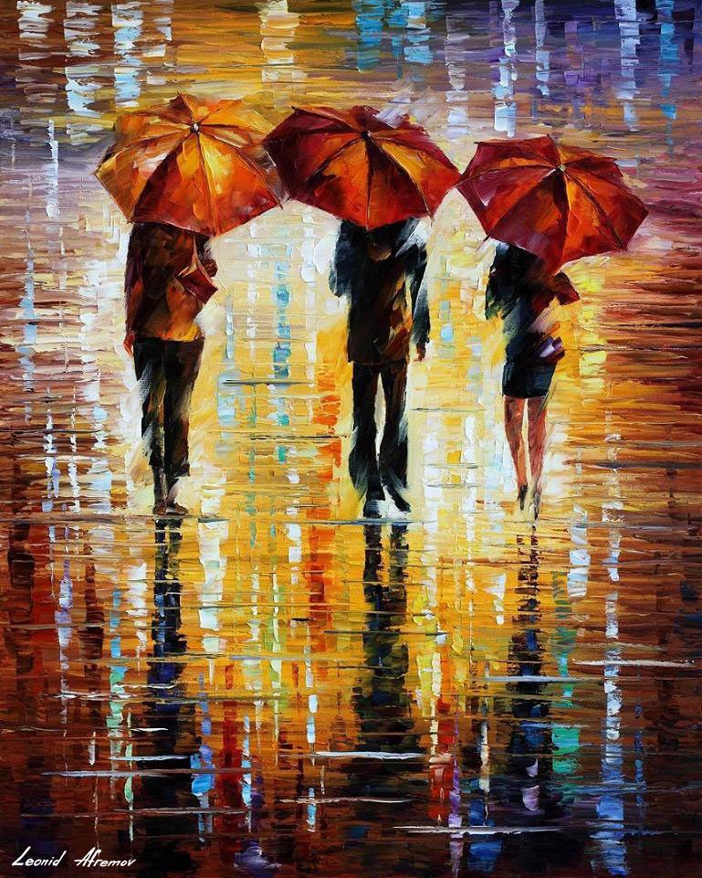 Three Red Umbrellas - Limited Edition 1/25 by Leonid Afremov: Three Red Umbrellas - Limited Edition 1/25 by Leonid AfremovThis is a limited edition giclee hand-painted by Leonid Afremov. This is the first giclee of a small edition of 25 paintings. The rest of th
