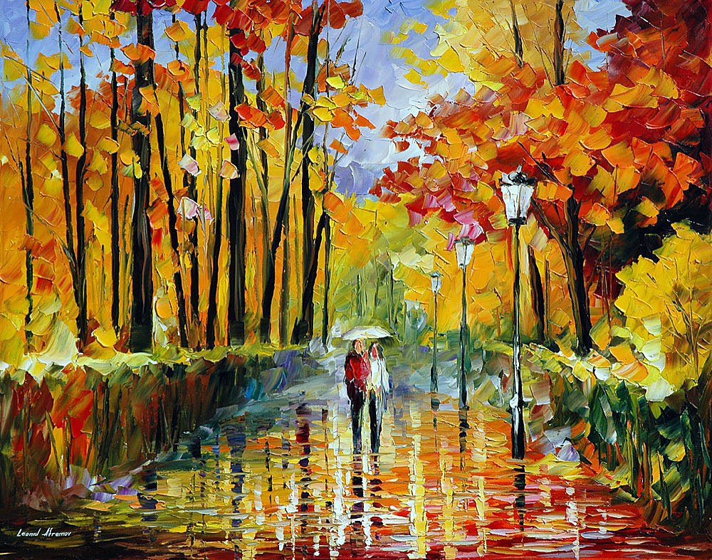 Autumn Rain Framed - Limited Edition 1/25 by Leonid Afremov: Autumn Rain Framed - Limited Edition 1/25 by Leonid AfremovThis is a limited edition giclee hand-painted by Leonid Afremov. This is the first giclee of a small edition of 25 paintings. The rest of the