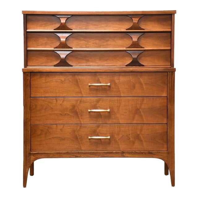 Kent Coffey Perspecta Tall Dresser: Kent Coffey Perspecta Tall Dresser A mid century modern walnut tall dresser with sculpted rosewood drawer pulls by Kent Coffey "Perspecta". Professionally refinished. 40" wide. 19" deep. 46" tall. Dim