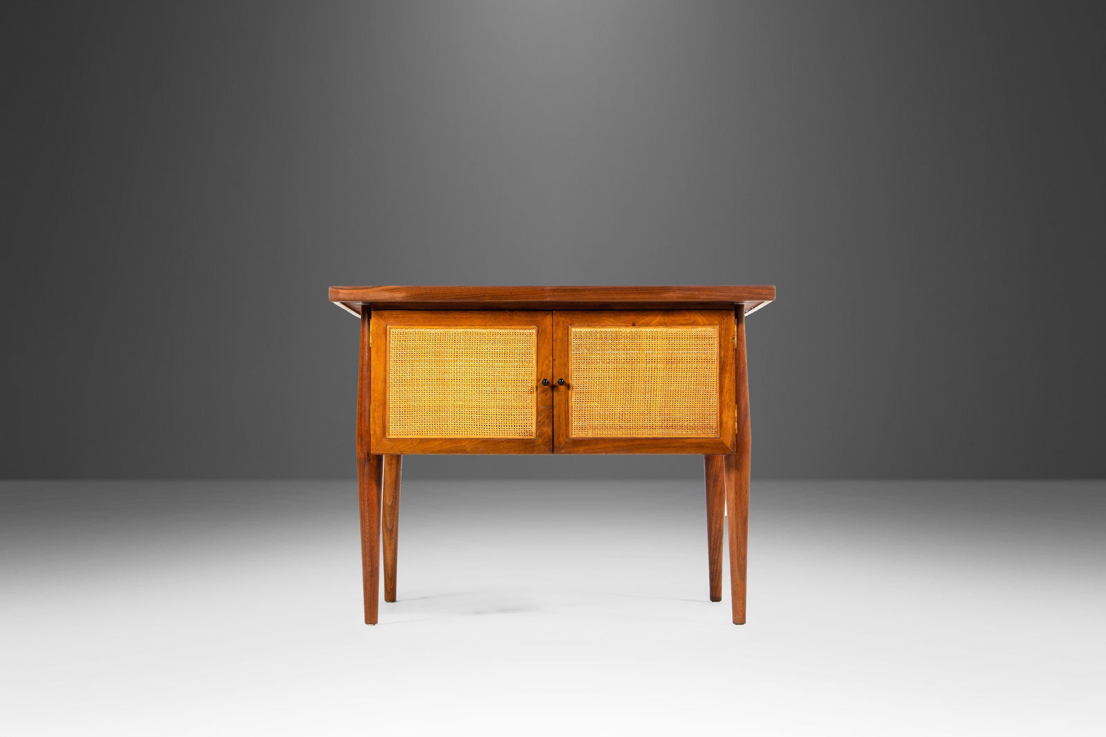 Square End Table / Coffee Table in Cane and Walnut by Jack Cartwright for Founders USA c. 1960s: Square End Table / Coffee Table in Cane and Walnut by Jack Cartwright for Founders USA c. 1960s Square End Table / Coffee Table in Cane and Walnut by Jack Cartwright for Founders USA c. 1960's About: