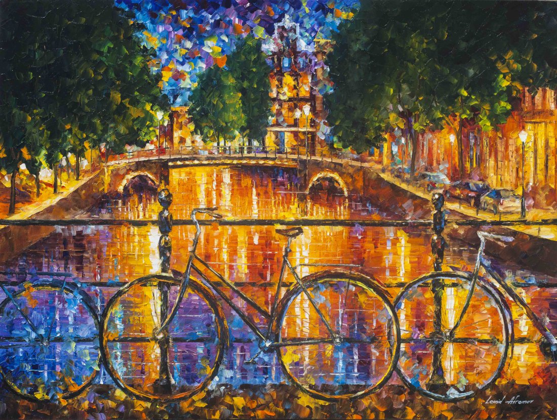 Amsterdam - The Bridge Of Bicycles - Limited Edition 1/25 by Leonid Afremov: Amsterdam - The Bridge Of Bicycles - Limited Edition 1/25 by Leonid AfremovThis is a limited edition giclee hand-painted by Leonid Afremov. This is the first giclee of a small edition of 25 paintings.