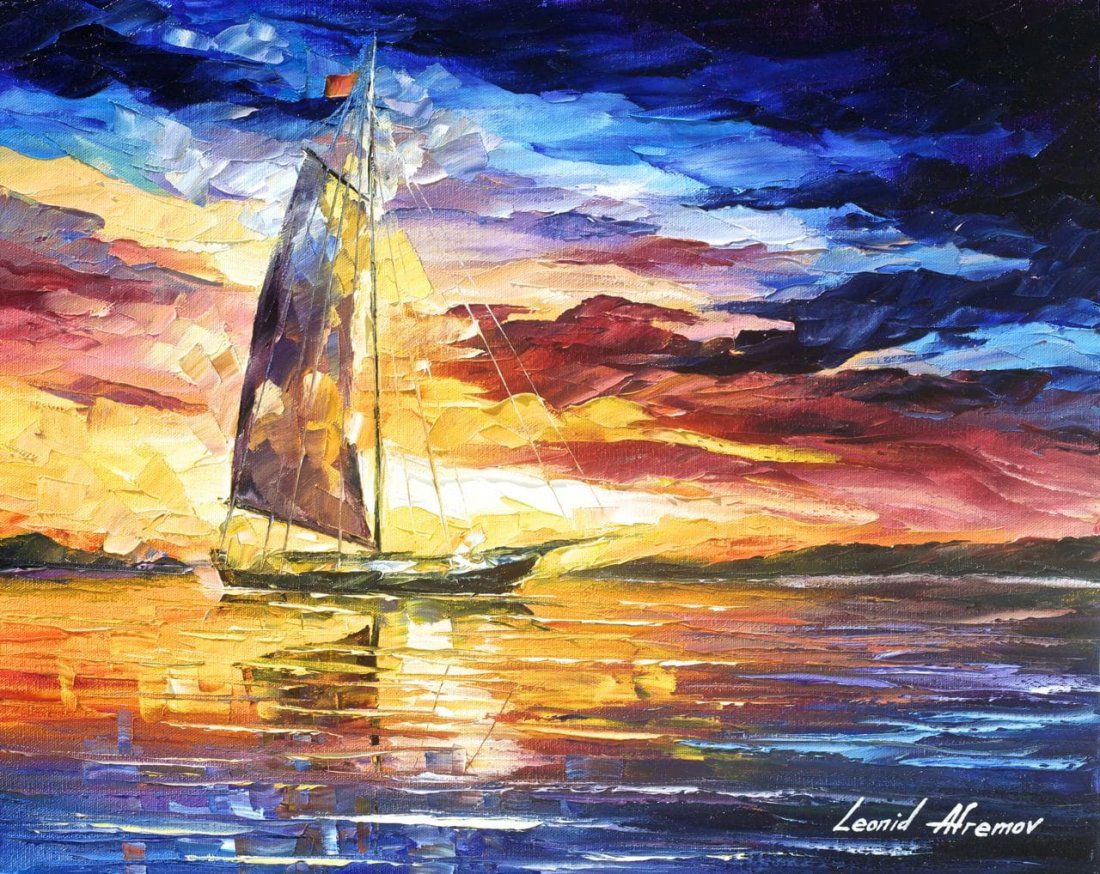Evening Sailing In Cancun - Limited Edition 1/25 by Leonid Afremov: Evening Sailing In Cancun - Limited Edition 1/25 by Leonid AfremovThis is a limited edition giclee hand-painted by Leonid Afremov. This is the first giclee of a small edition of 25 paintings. The rest
