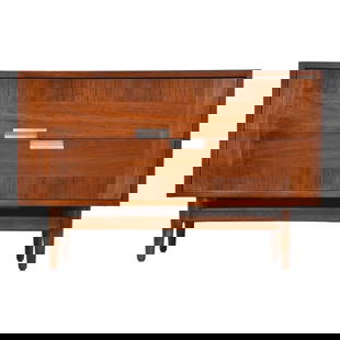 American of Martinsville Walnut Chest: American of Martinsville Walnut Chest A mid century modern walnut two drawer dresser made by American of Martinsville with aluminum X inlay top and aluminum drawer pulls. Professionally refinished. 36