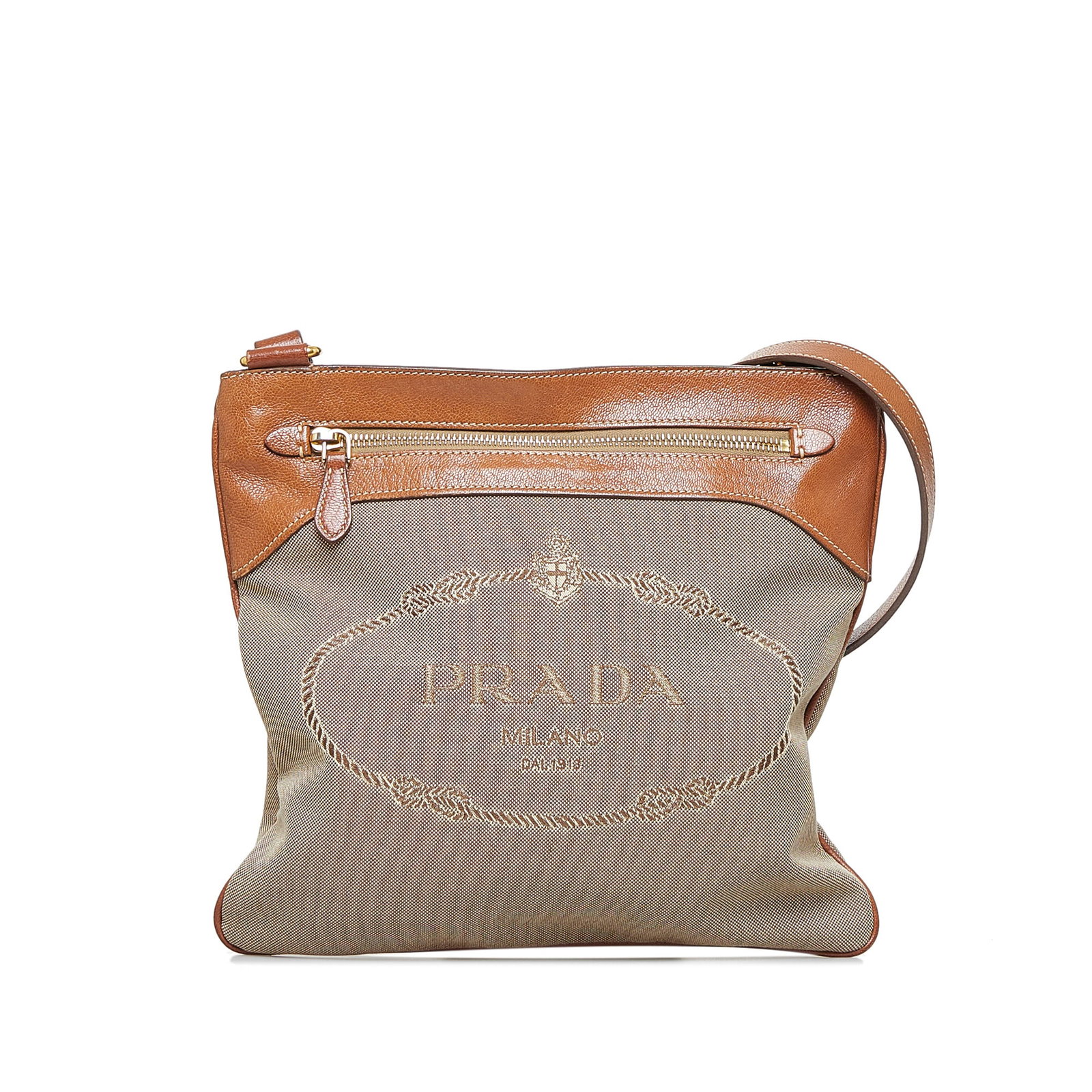 Prada Canapa Logo Crossbody Bag: Prada Canapa Logo Crossbody Bag This crossbody bag features a canvas body with leather trim a front zip pocket an adjustable flat strap an open top with magnetic snap closure and an interior zip pocke