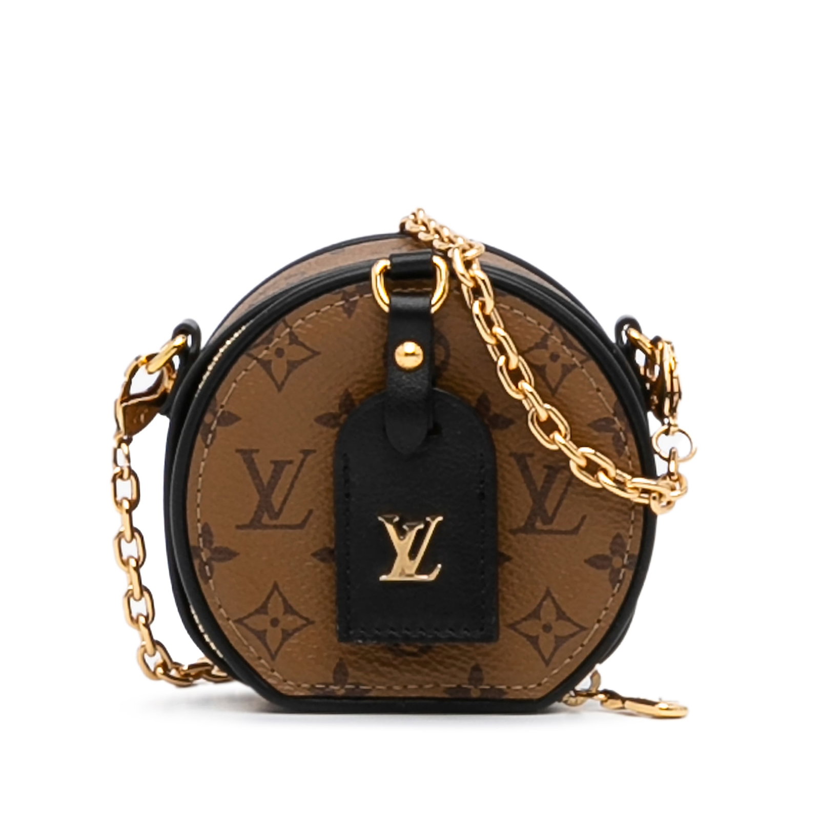 Louis Vuitton Monogram Reverse Petite Boite Chapeau Necklace Bag: Louis Vuitton Monogram Reverse Petite Boite Chapeau Necklace Bag The Boite Chapeau features a monogram reverse canvas body with leather trim a removable chain strap and a zip around closure. Brand: Lo