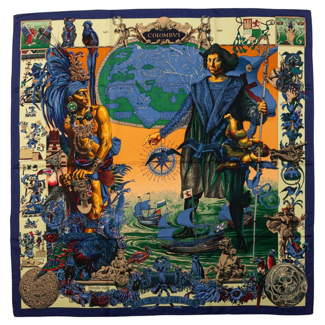 Hermes Collectible Columbus Silk Scarf: Hermes Collectible Columbus Silk Scarf Designer: Hermes Dimensions: Height: 35 in (88.9 cm)Length: 35 in (88.9 cm) Place of Origin: France Period: 21st Century Pre-Owned The BIDHAUS Guarantee: All ite